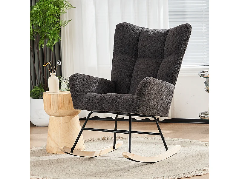 Fauteuil à bascule avec dossier haut et accoudoirs- Rocking chair en tissu Teddy gris
