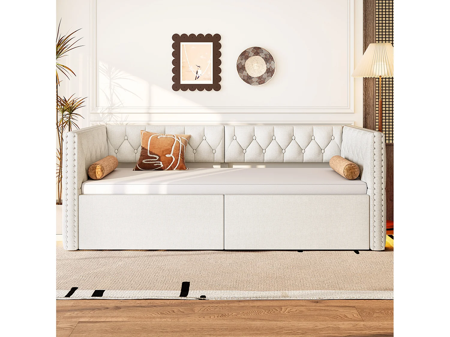 Dagbed 90x200cm met LED-verlichting - Om te bouwen tot een tweepersoonsbed van 180x200cm - Beige linnen stof