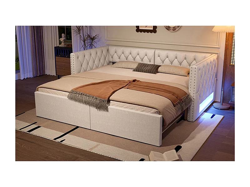 Dagbed 90x200cm met LED-verlichting - Om te bouwen tot een tweepersoonsbed van 180x200cm - Beige linnen stof