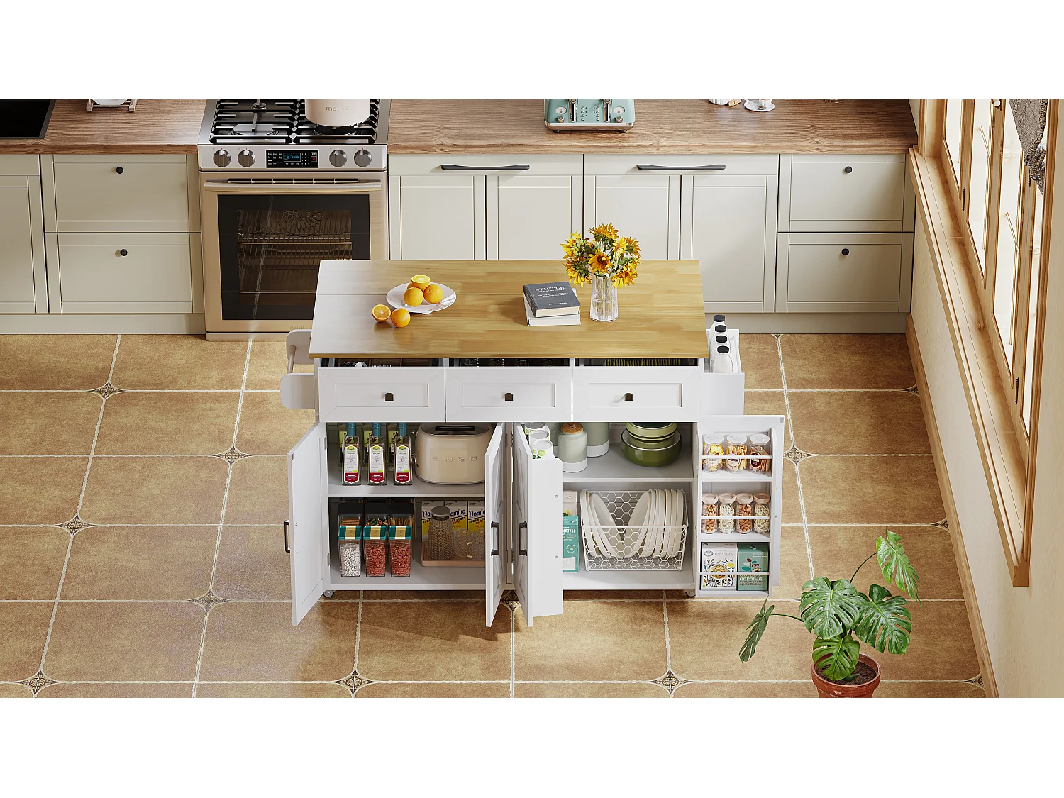 Keukeneiland met 4 deuren en 3 lades - Verstelbare plank - Wit en naturel