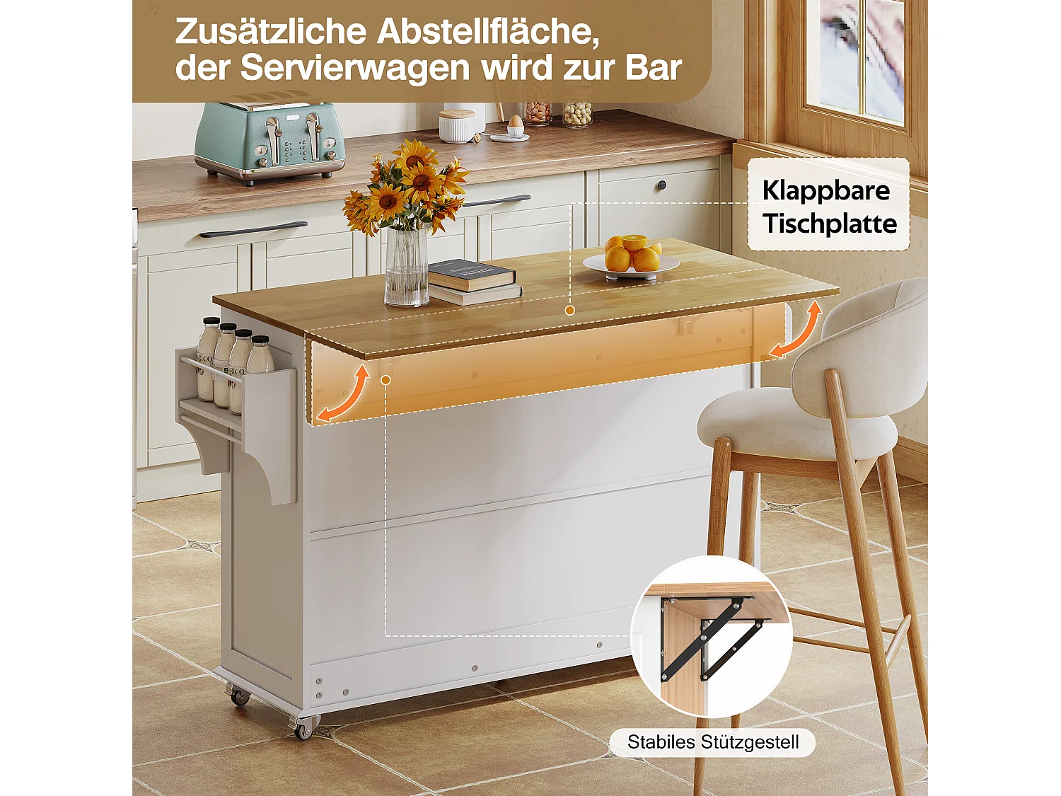 Keukeneiland met 4 deuren en 3 lades - Verstelbare plank - Wit en naturel