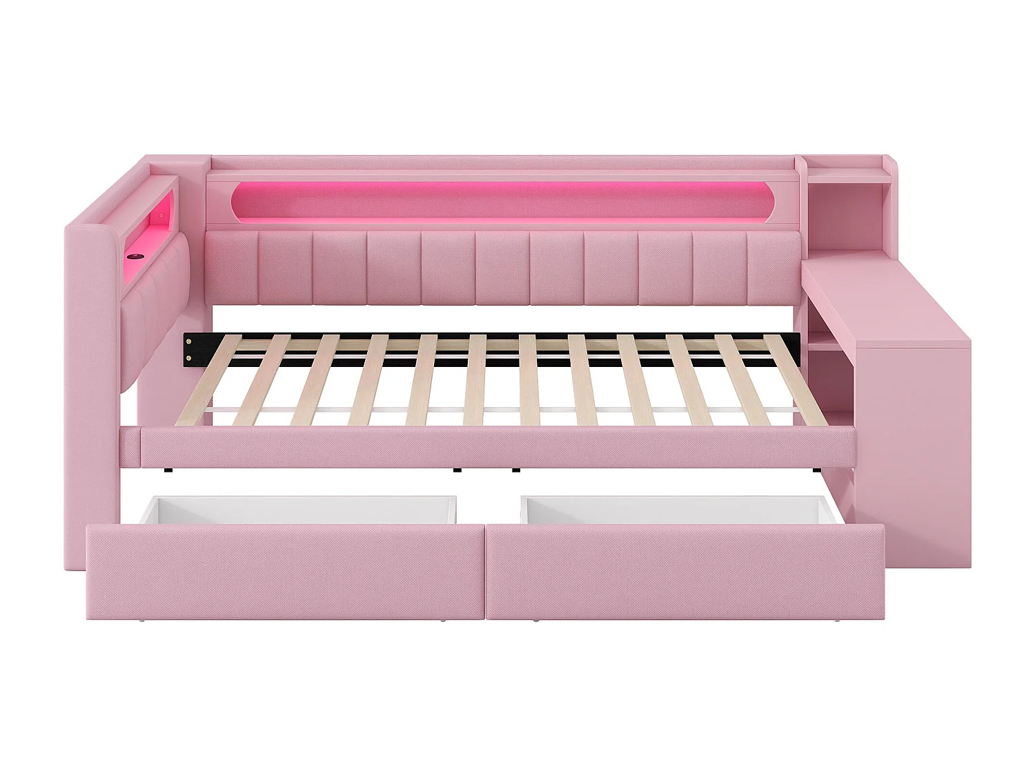 Lit banquette enfant 90x200 cm avec ports USB et LED bureau - Lit capitonné avec 2 tiroirs - Rose