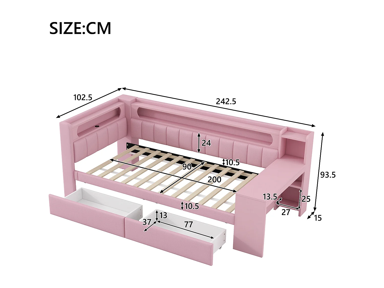 Lit banquette enfant 90x200 cm avec ports USB et LED bureau - Lit capitonné avec 2 tiroirs - Rose
