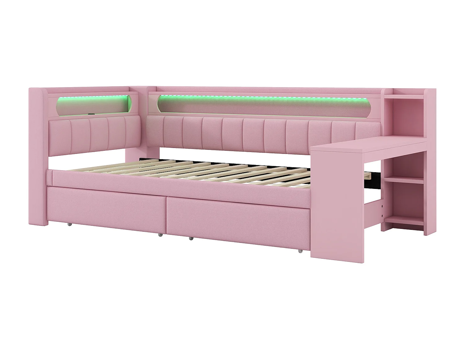 Lit banquette enfant 90x200 cm avec ports USB et LED bureau - Lit capitonné avec 2 tiroirs - Rose