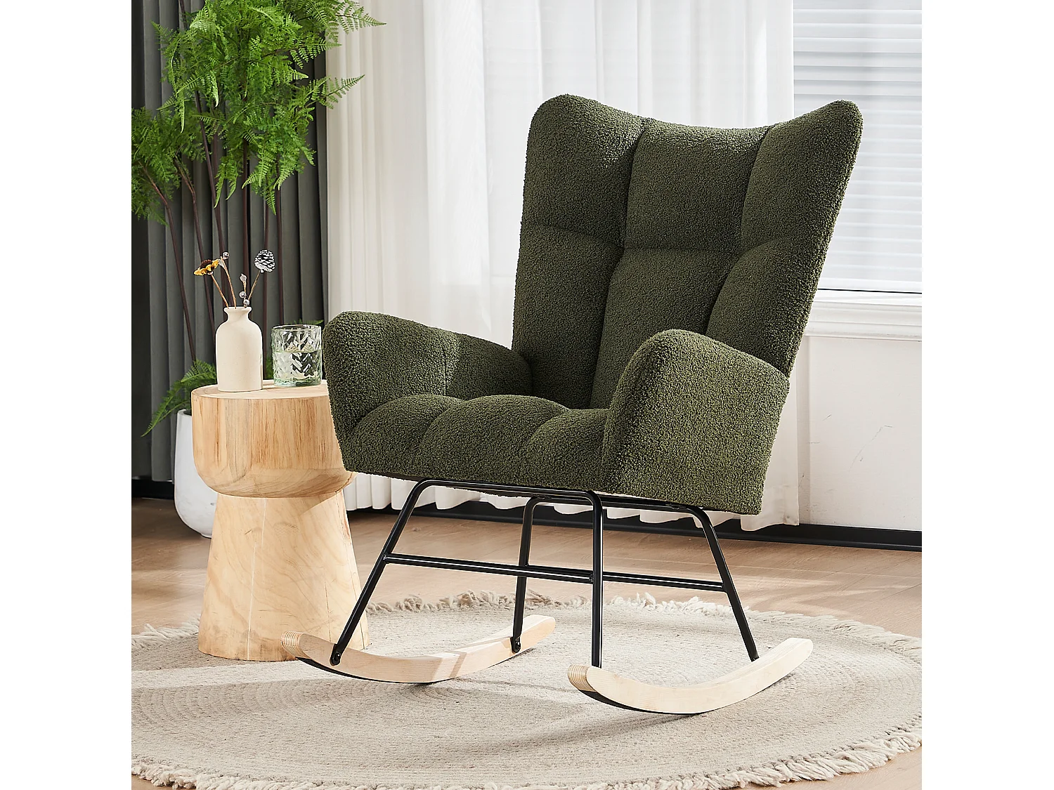 Fauteuil à bascule avec dossier haut et accoudoirs- Rocking chair en tissu Teddy vert