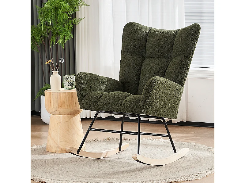 Fauteuil à bascule avec dossier haut et accoudoirs- Rocking chair en tissu Teddy vert