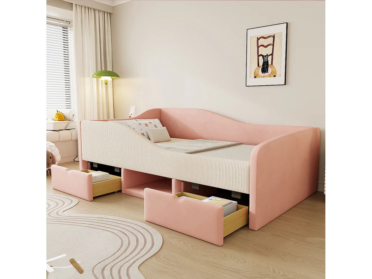 Lit banquette enfant 90 x 190 cm avec 2 tiroirs - Lit capitonné en velours - Rose et blanc crème