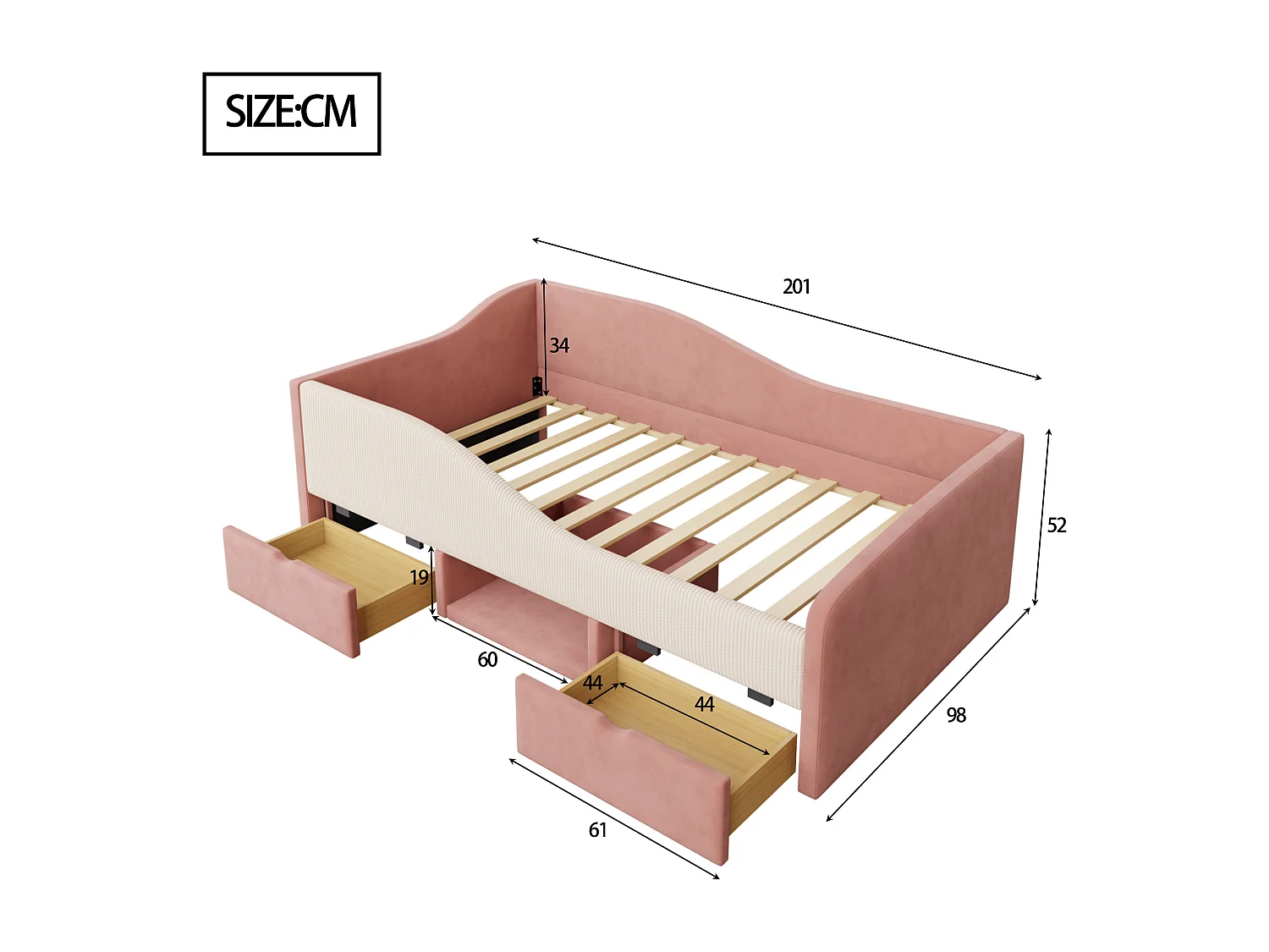 Lit banquette enfant 90 x 190 cm avec 2 tiroirs - Lit capitonné en velours - Rose et blanc crème