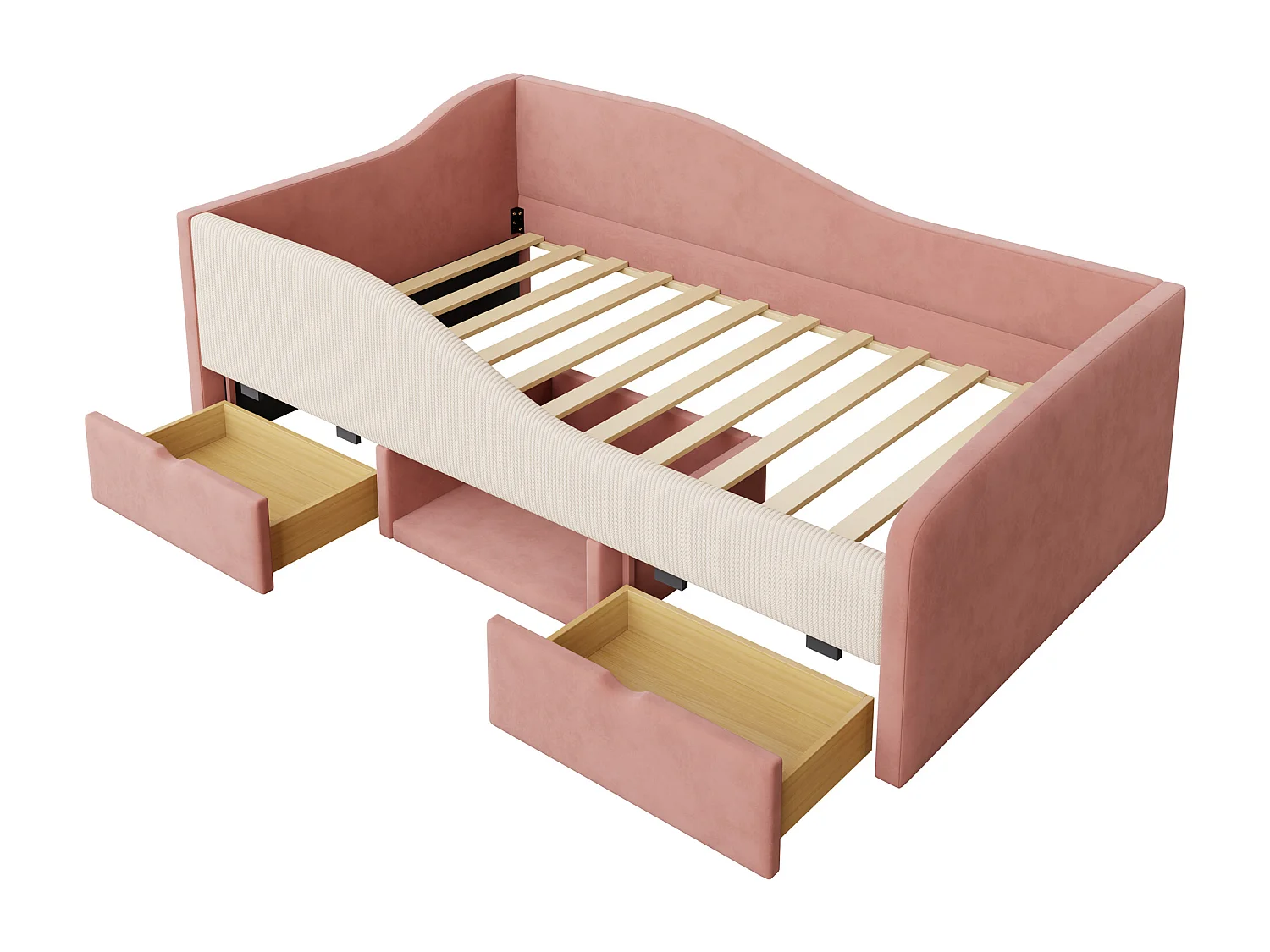 Lit banquette enfant 90 x 190 cm avec 2 tiroirs - Lit capitonné en velours - Rose et blanc crème