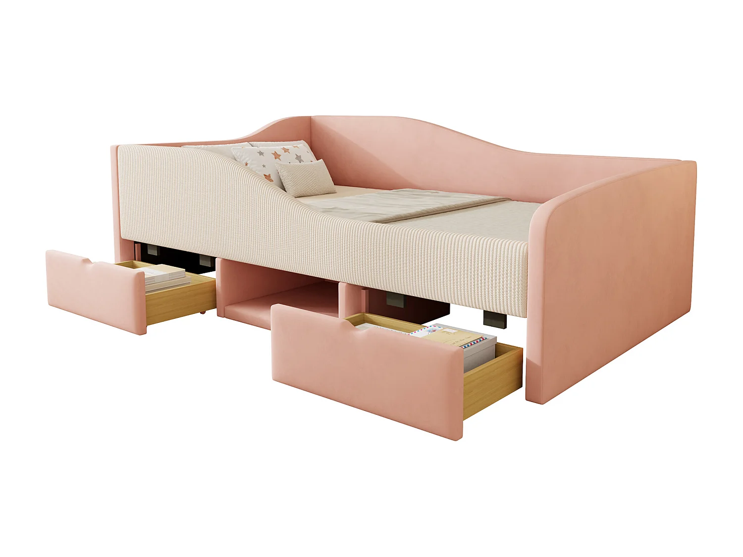 Lit banquette enfant 90 x 190 cm avec 2 tiroirs - Lit capitonné en velours - Rose et blanc crème