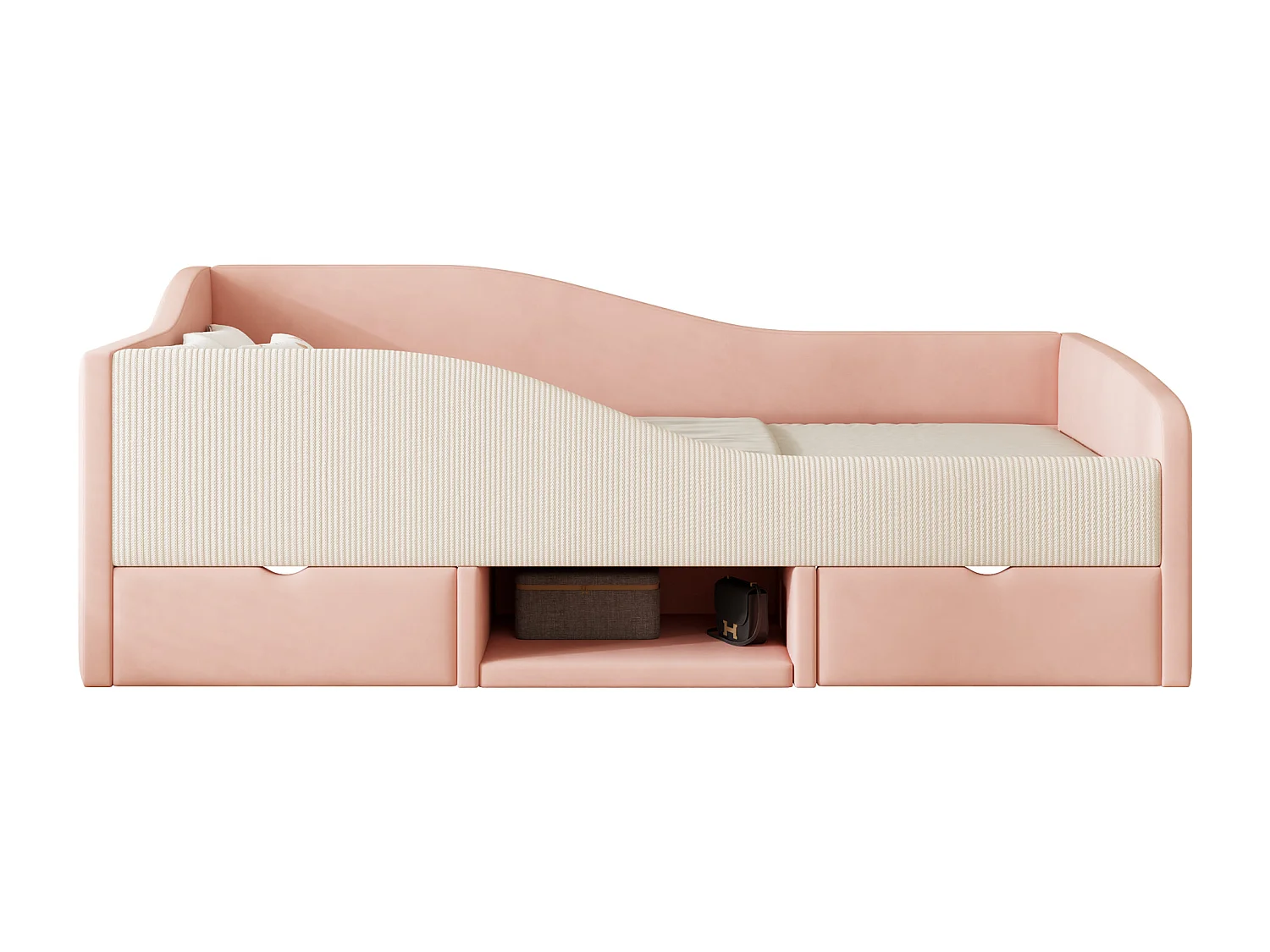 Lit banquette enfant 90 x 190 cm avec 2 tiroirs - Lit capitonné en velours - Rose et blanc crème