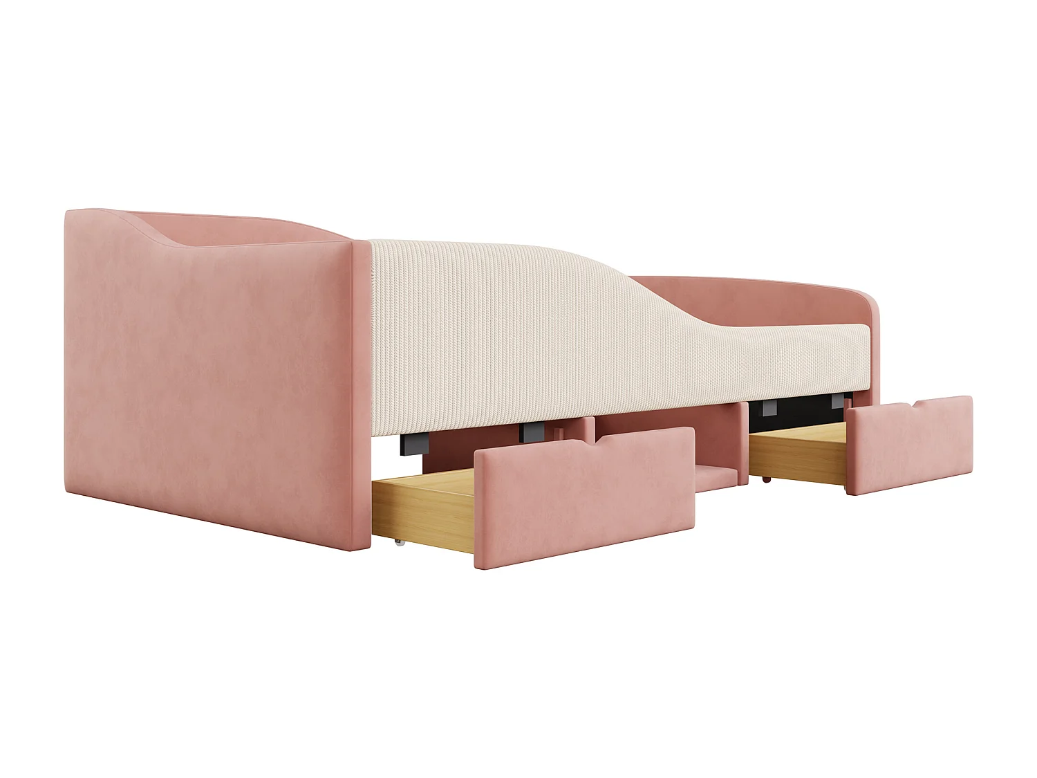 Lit banquette enfant 90 x 190 cm avec 2 tiroirs - Lit capitonné en velours - Rose et blanc crème