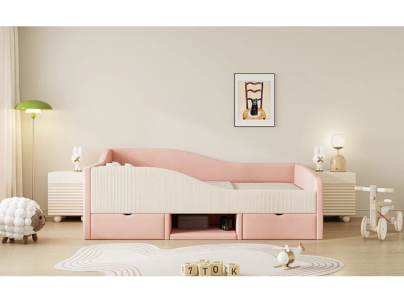 Lit banquette enfant 90 x 190 cm avec 2 tiroirs - Lit capitonné en velours - Rose et blanc crème