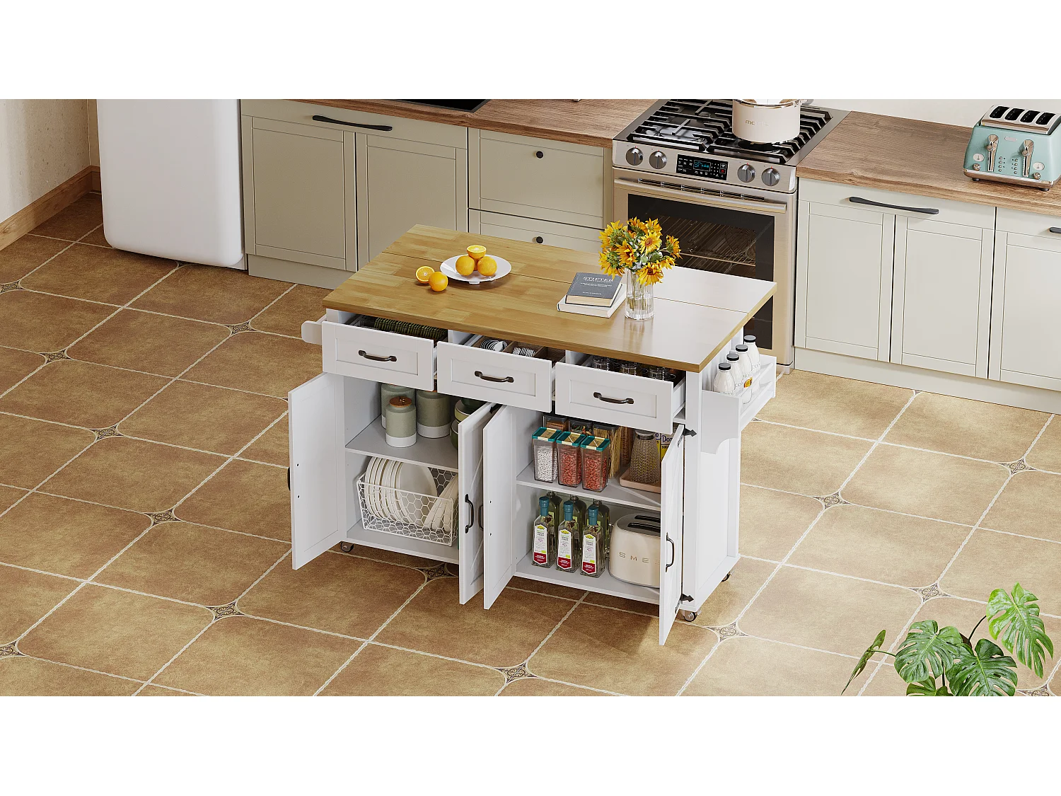 Îlot central de cuisine avec 4 portes et 3 tiroirs -Desserte en MDF - Blanc et naturel clair