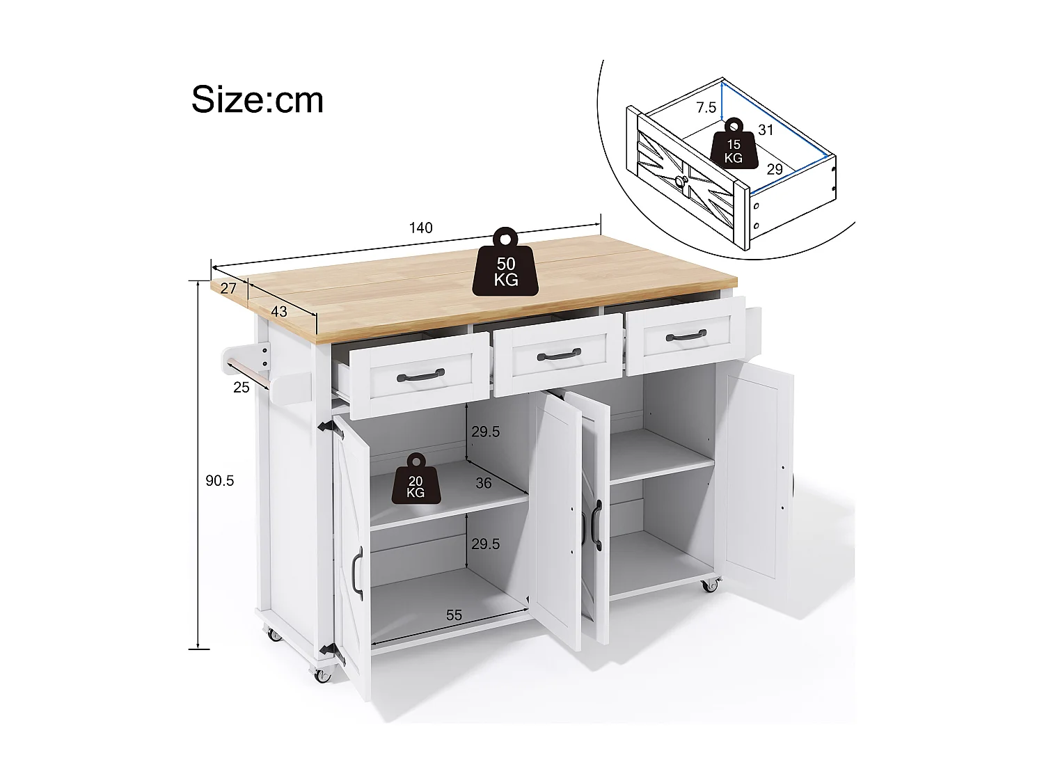 Îlot central de cuisine avec 4 portes et 3 tiroirs -Desserte en MDF - Blanc et naturel clair