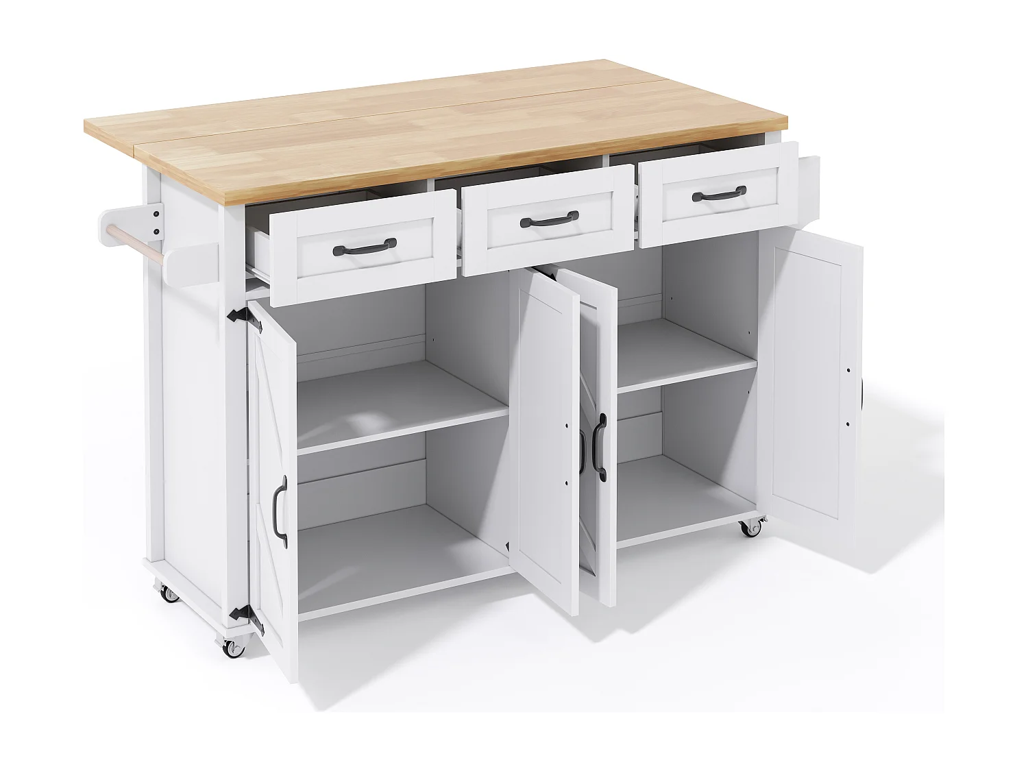 Îlot central de cuisine avec 4 portes et 3 tiroirs -Desserte en MDF - Blanc et naturel clair