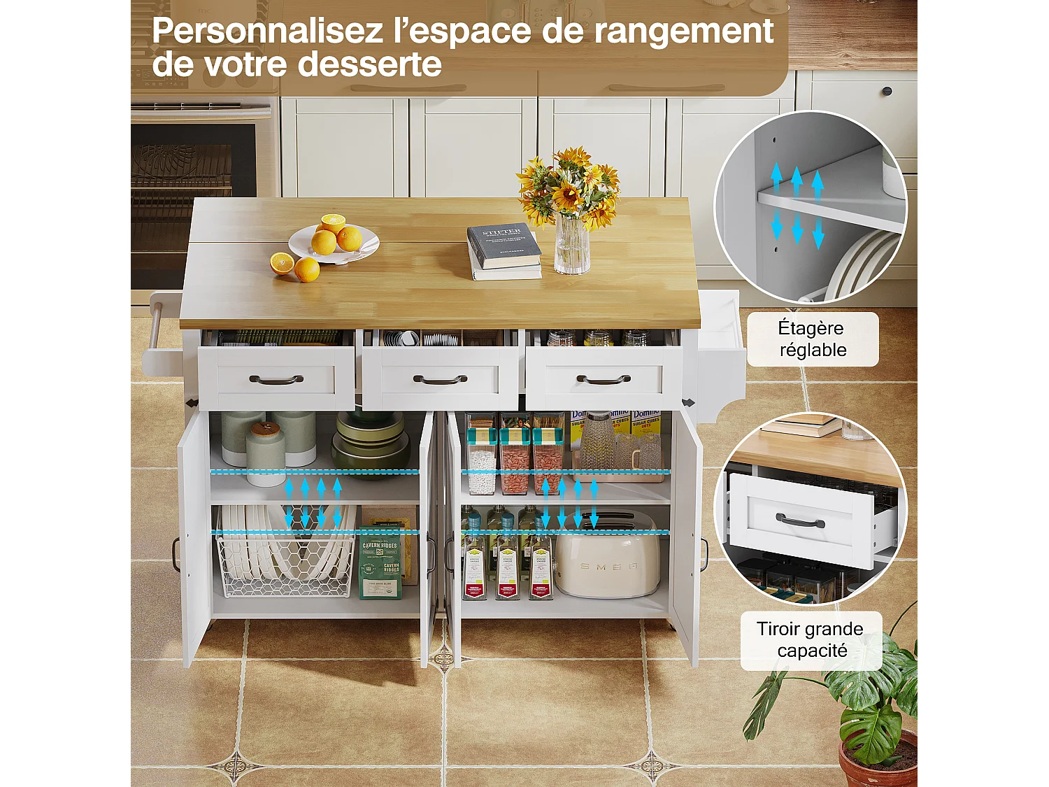 Îlot central de cuisine avec 4 portes et 3 tiroirs -Desserte en MDF - Blanc et naturel clair