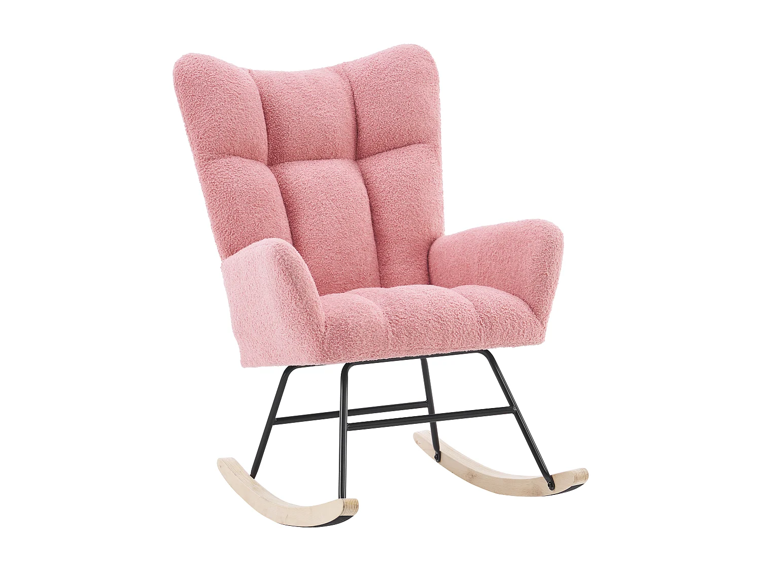 Fauteuil à bascule avec dossier haut et accoudoirs- Rocking chair en tissu Teddy rose