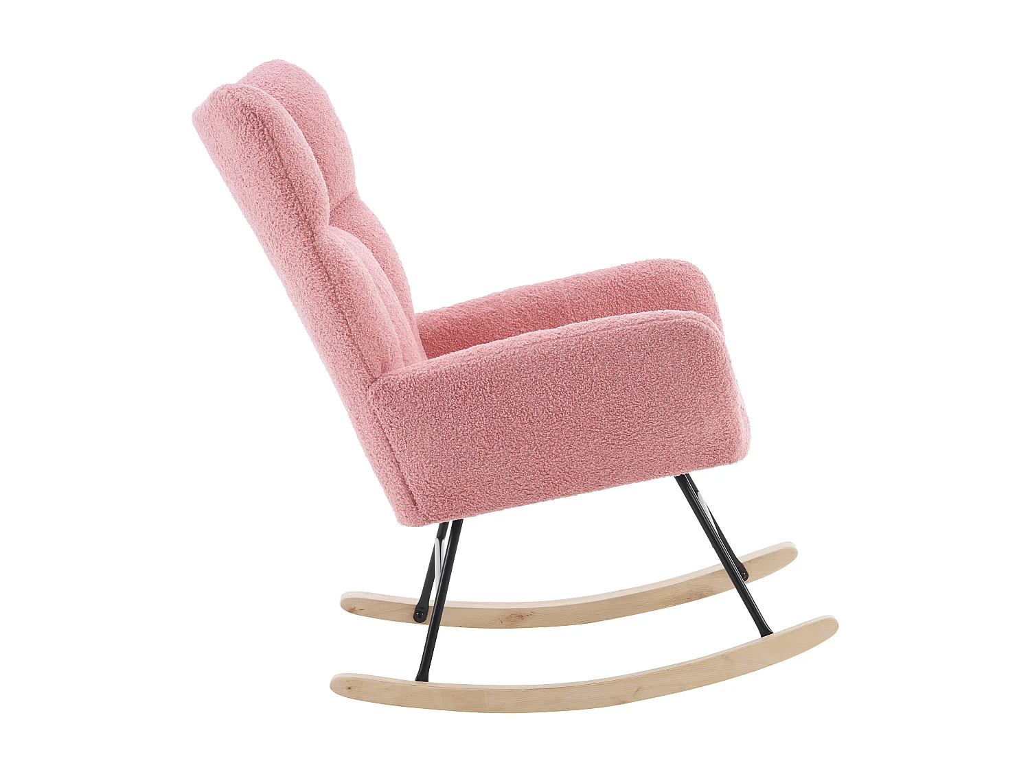 Fauteuil à bascule avec dossier haut et accoudoirs- Rocking chair en tissu Teddy rose