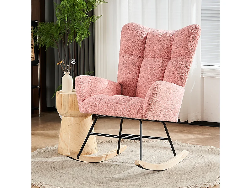 Fauteuil à bascule avec dossier haut et accoudoirs- Rocking chair en tissu Teddy rose