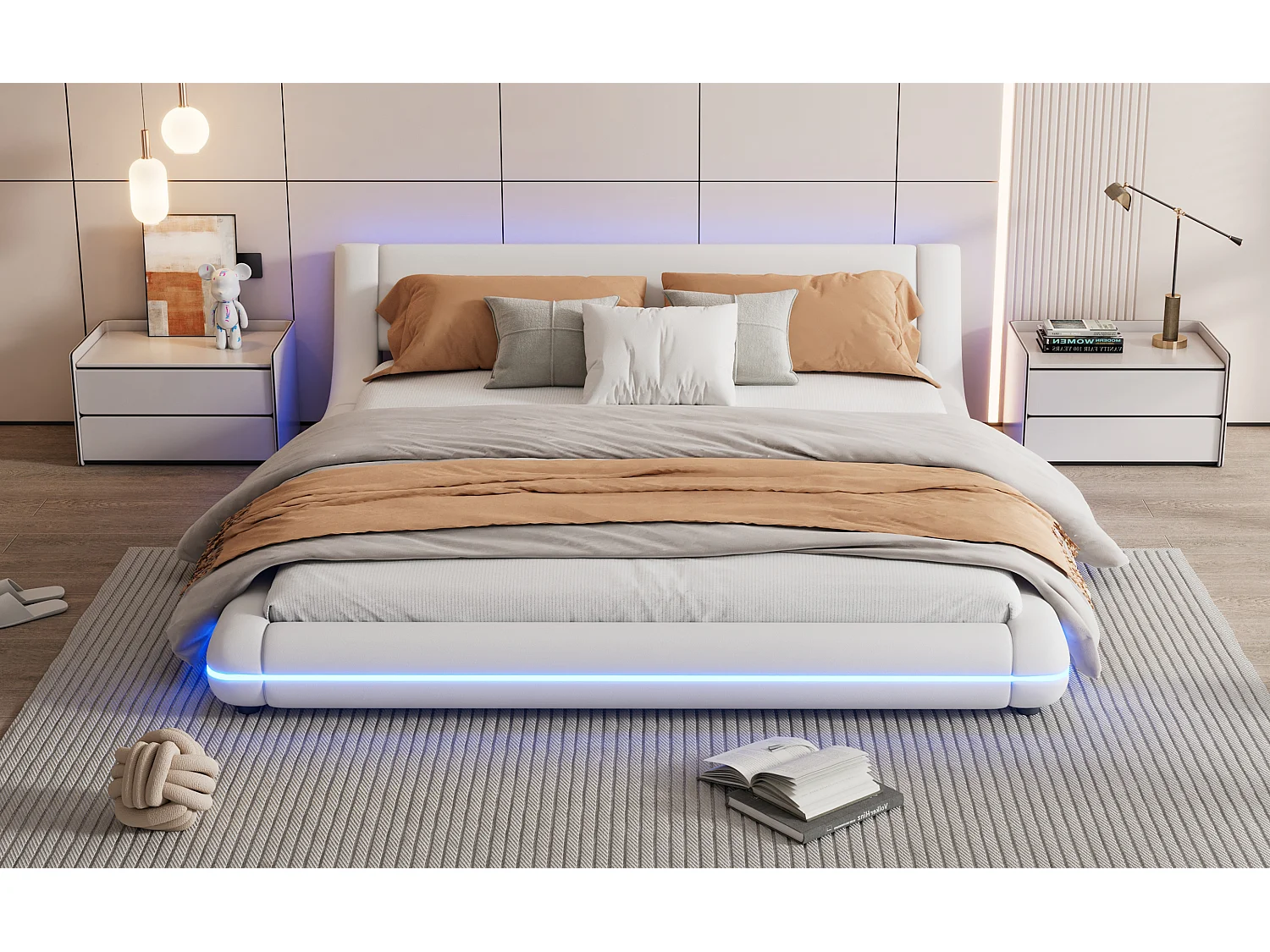 Volwassen tweepersoonsbed 160x200 cm - wit tweepersoonsbed met ledverlichting en lattenbodem - kunstleer