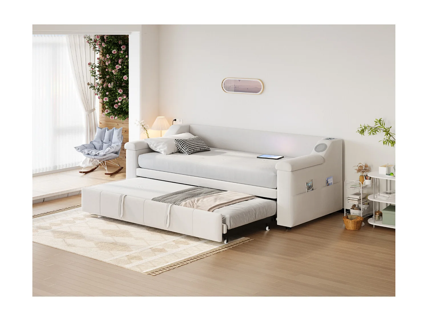 Lit banquette 90/180x190cm avec USB et poches latérales - Tissu velours beige ( sans matelas)