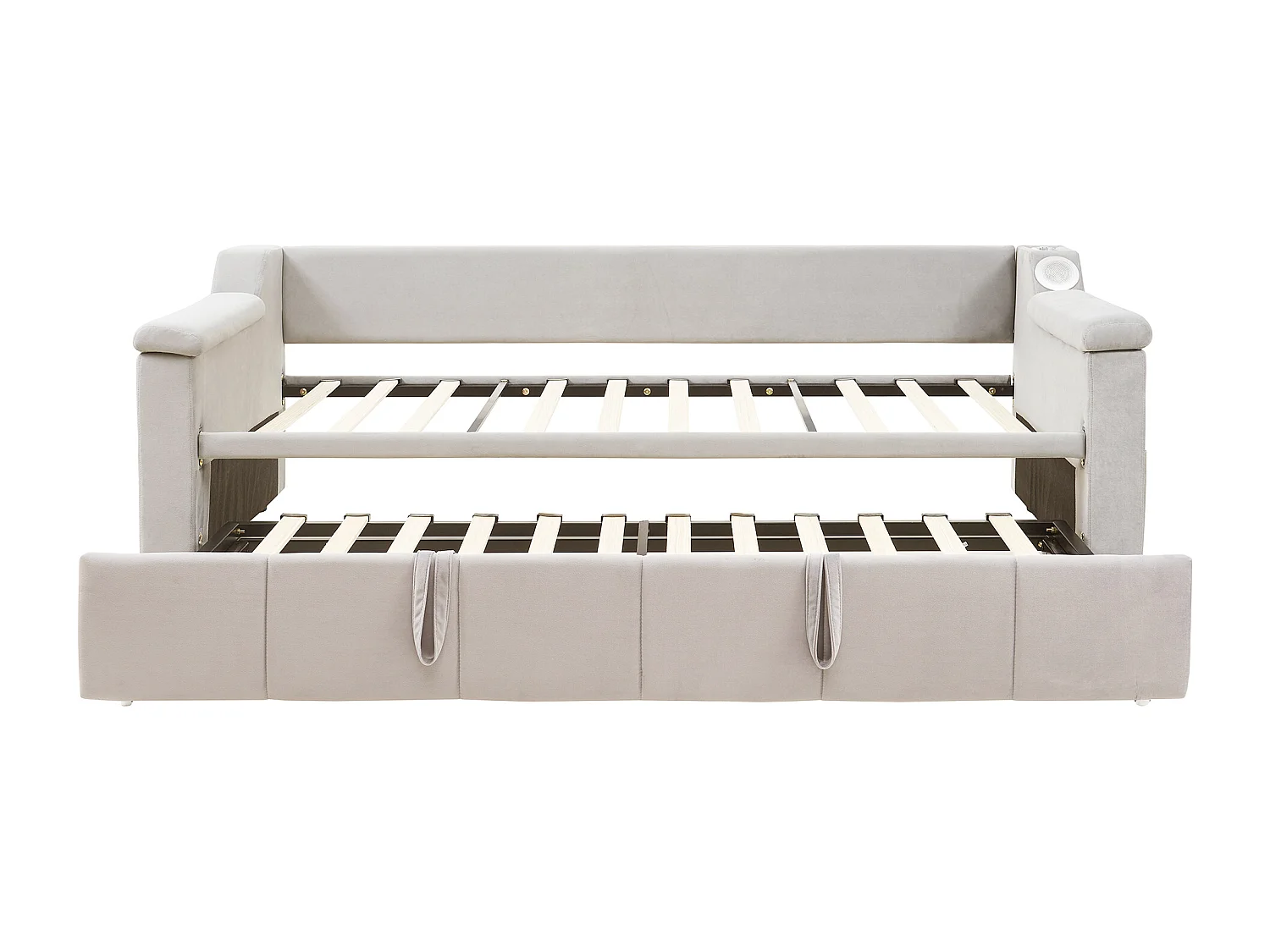 Lit banquette 90/180x190cm avec USB et poches latérales - Tissu velours beige ( sans matelas)