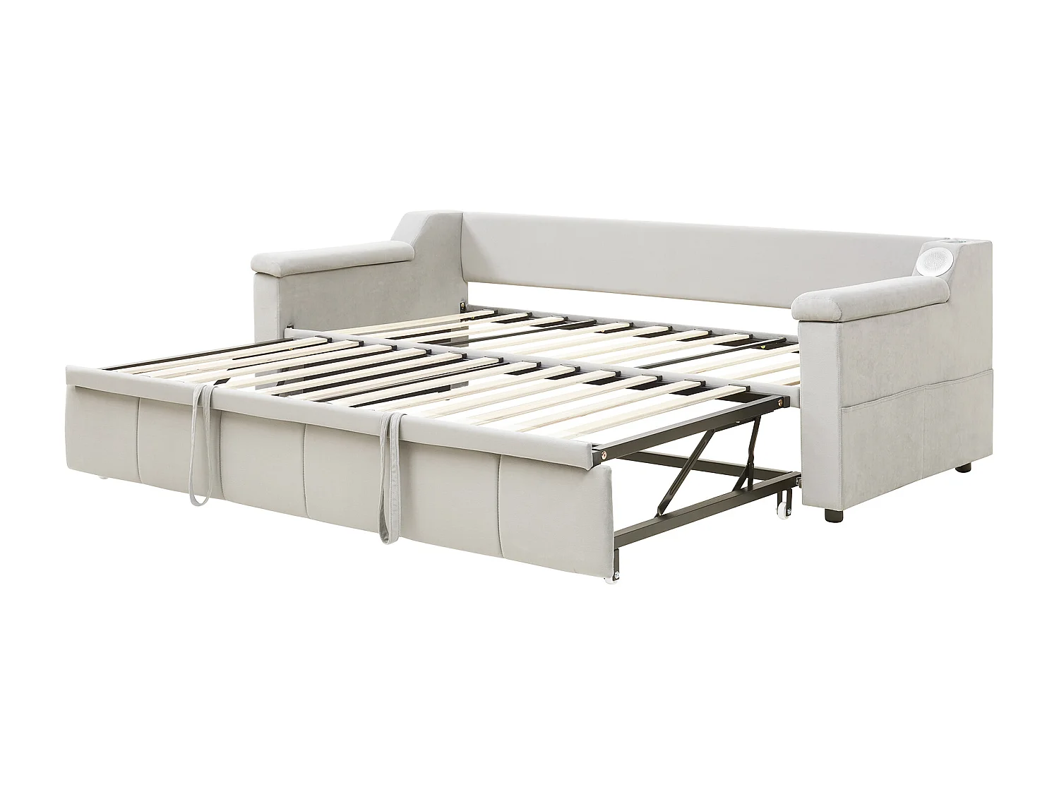 Lit banquette 90/180x190cm avec USB et poches latérales - Tissu velours beige ( sans matelas)