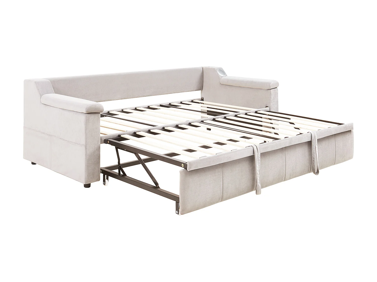 Lit banquette 90/180x190cm avec USB et poches latérales - Tissu velours beige ( sans matelas)