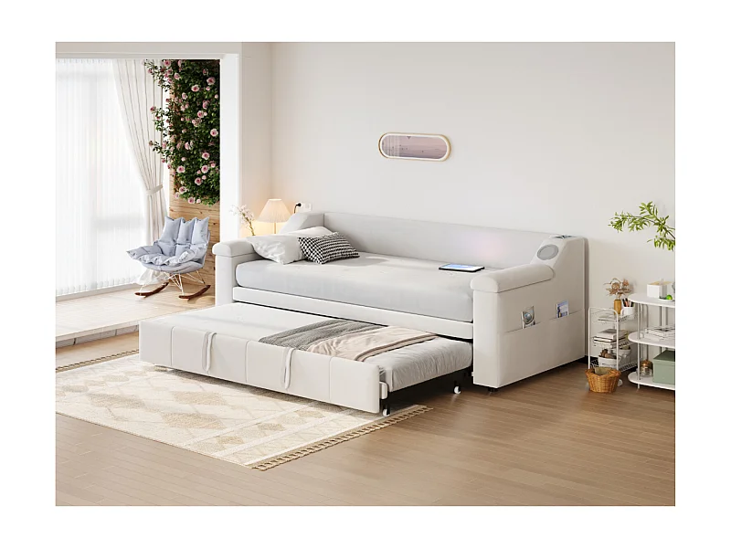 Lit banquette 90/180x190cm avec USB et poches latérales - Tissu velours beige ( sans matelas)