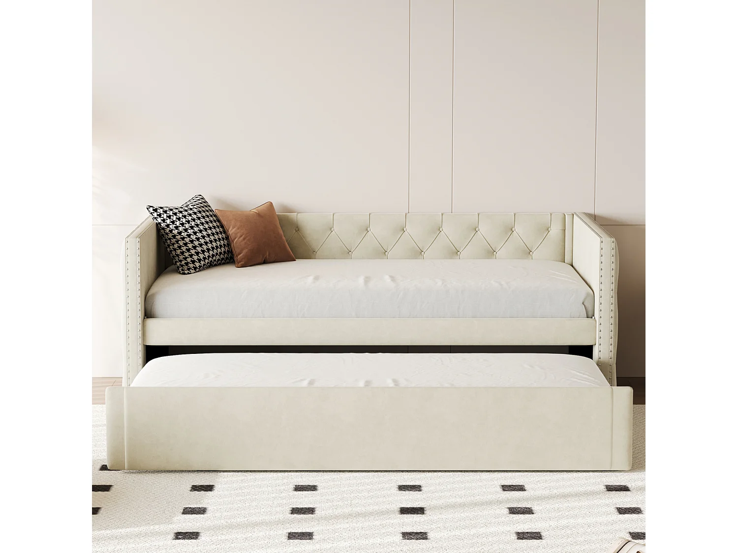 Lit banquette 90x200 cm avec lit gigogne 90x190 cm - Lit enfant velours beige avec sommier à lattes