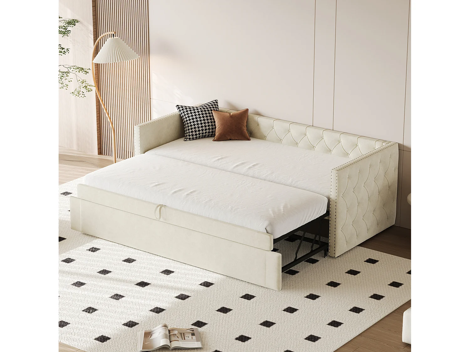 Lit banquette 90x200 cm avec lit gigogne 90x190 cm - Lit enfant velours beige avec sommier à lattes