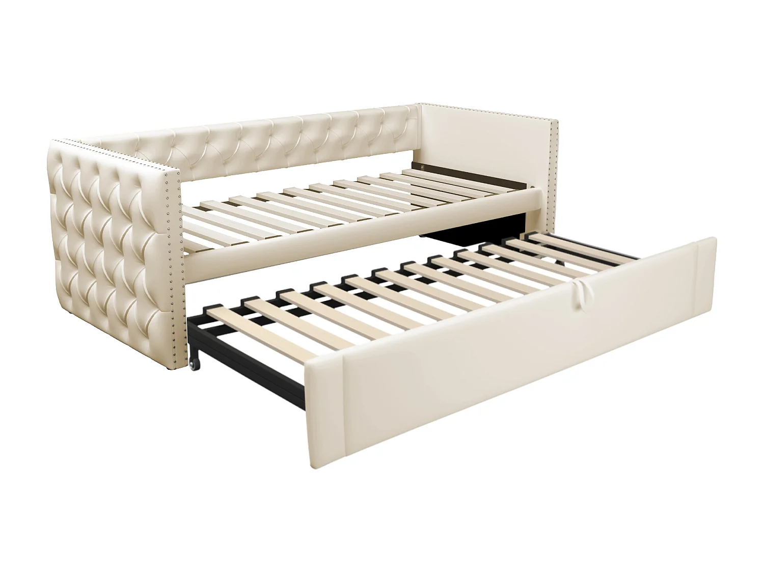 Lit banquette 90x200 cm avec lit gigogne 90x190 cm - Lit enfant velours beige avec sommier à lattes