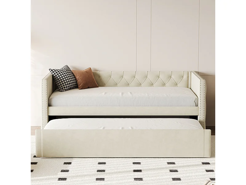 Lit banquette 90x200 cm avec lit gigogne 90x190 cm - Lit enfant velours beige avec sommier à lattes