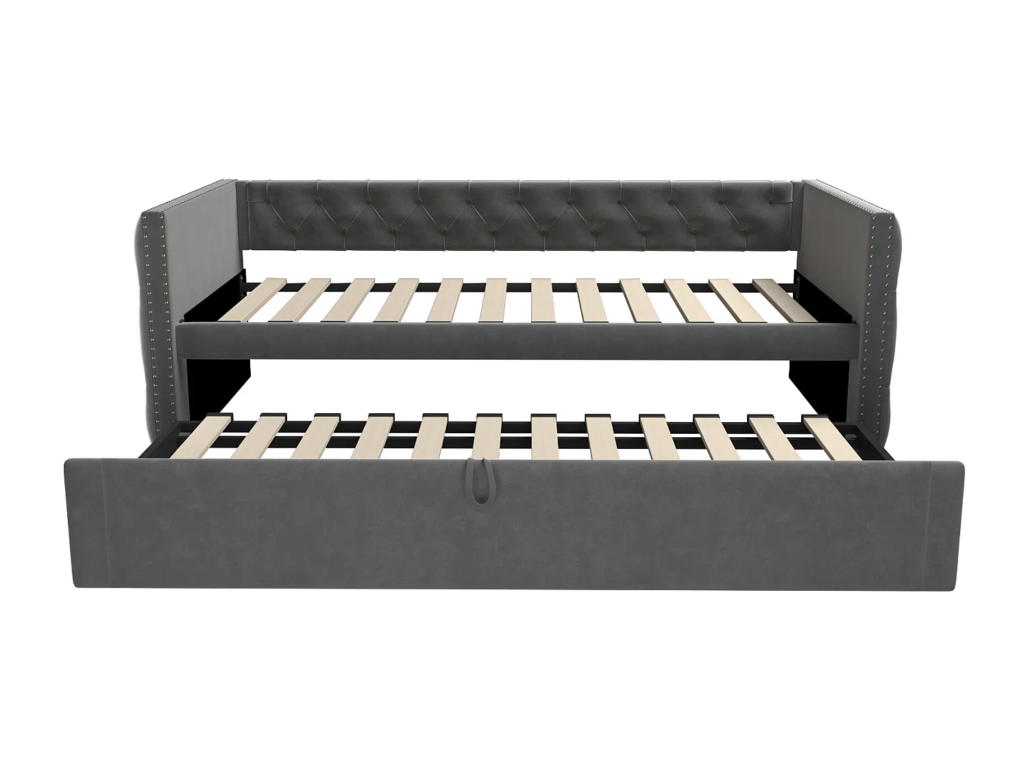 Lit banquette 90x200 cm avec lit gigogne 90x190 cm - Lit enfant velours gris avec sommier à lattes