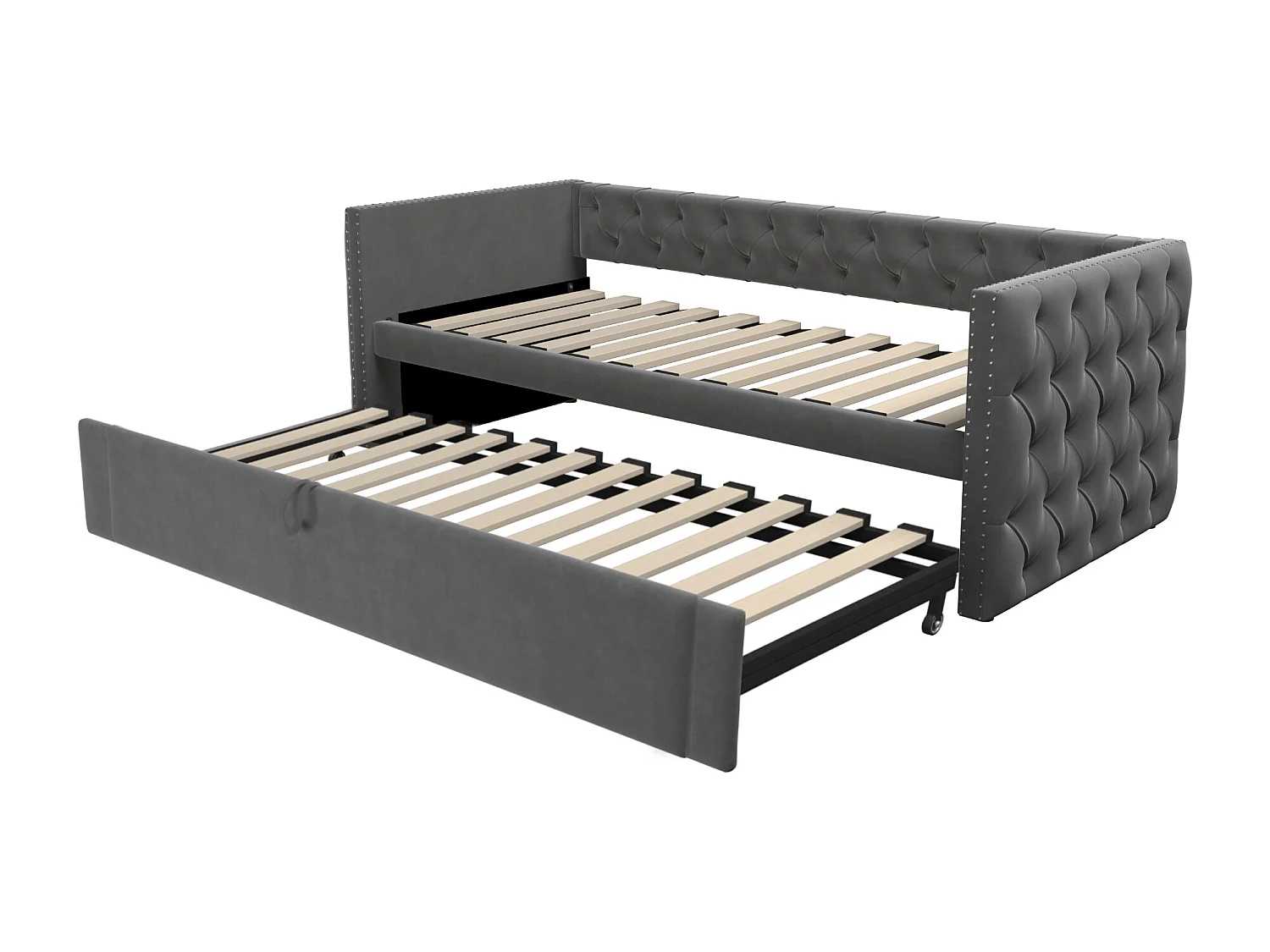 Lit banquette 90x200 cm avec lit gigogne 90x190 cm - Lit enfant velours gris avec sommier à lattes