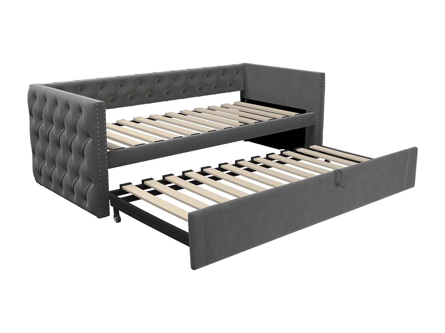 Lit banquette 90x200 cm avec lit gigogne 90x190 cm - Lit enfant velours gris avec sommier à lattes