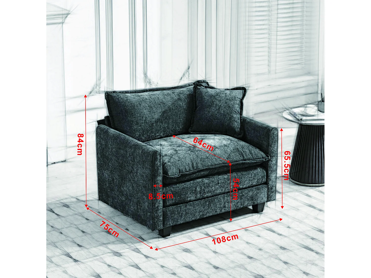 Divano singolo Cloud in tessuto ciniglia nero - Per soggiorno, camera da letto e appartamento