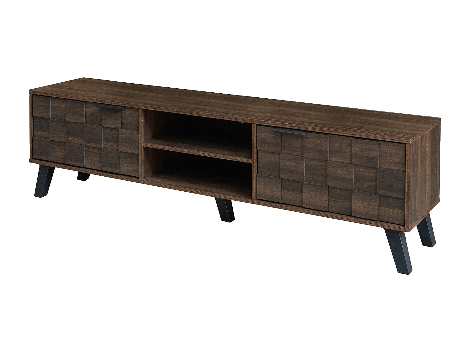 Meuble TV avec 2 portes et 2 compartiments ouverts - Finition bois foncé 160,5 x 35,5 x 45 cm