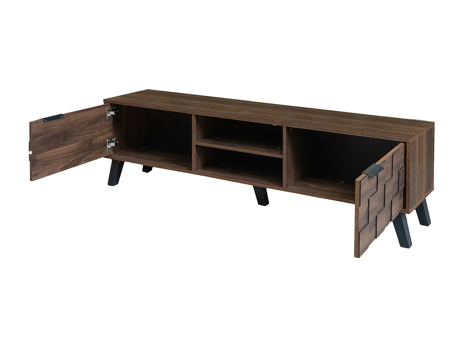 Meuble TV avec 2 portes et 2 compartiments ouverts - Finition bois foncé 160,5 x 35,5 x 45 cm