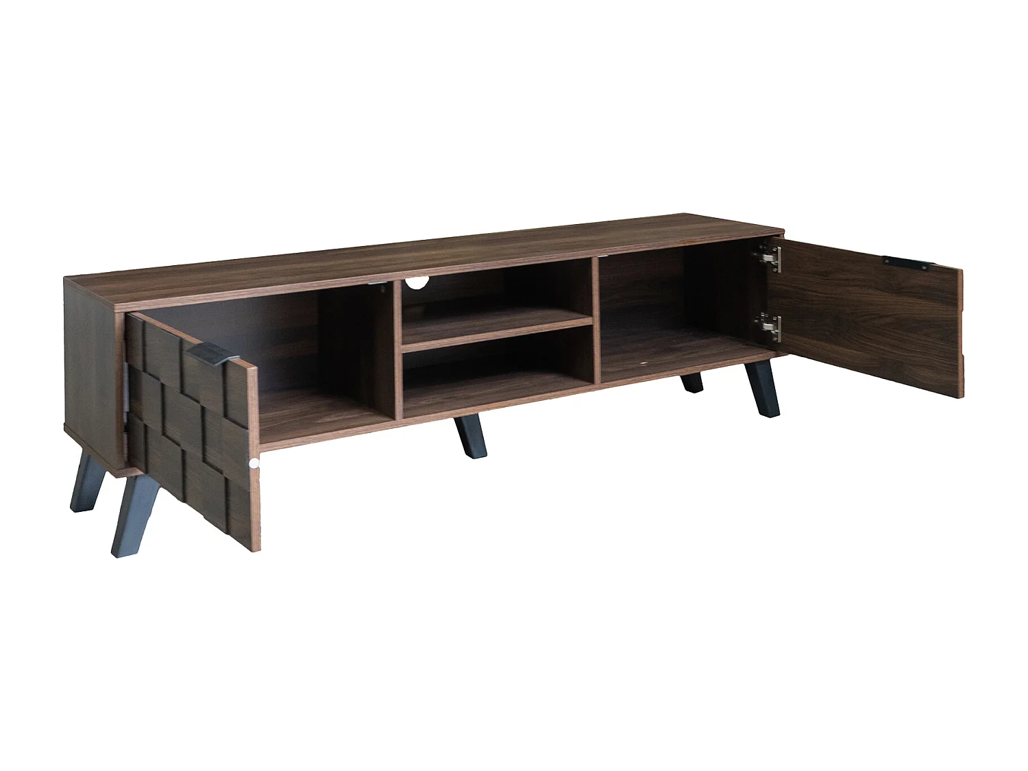 Meuble TV avec 2 portes et 2 compartiments ouverts - Finition bois foncé 160,5 x 35,5 x 45 cm