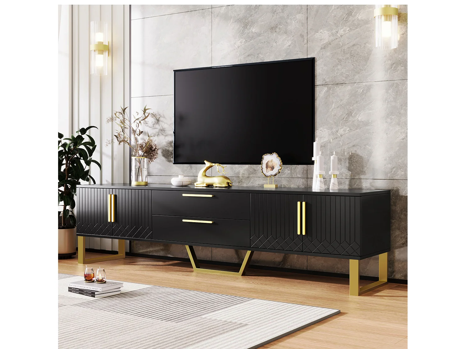 Mueble TV lacado negro alto brillo, 170x40x535,5cm - 4 puertas y 2 cajones - patas doradas