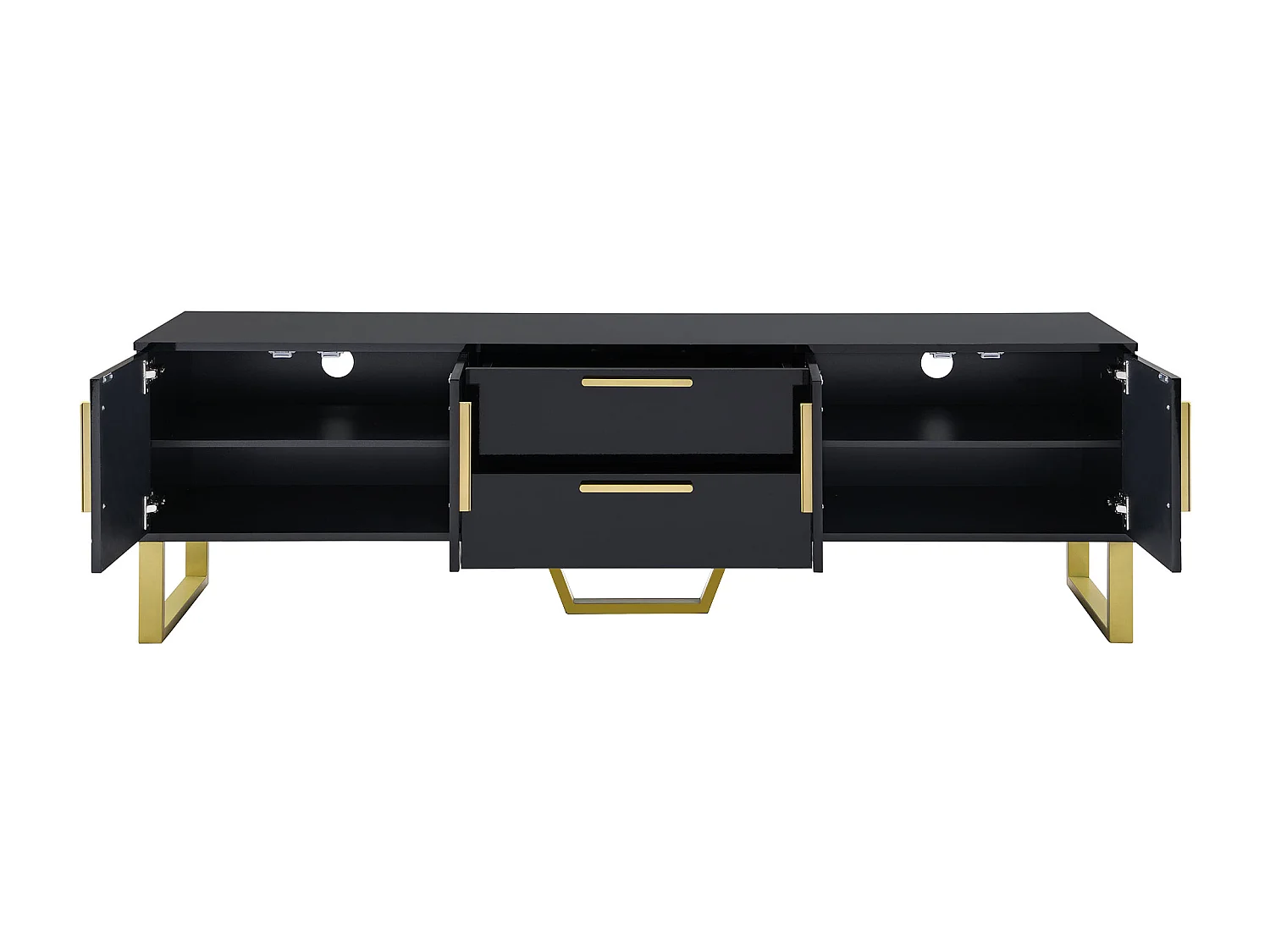 Mueble TV lacado negro alto brillo, 170x40x535,5cm - 4 puertas y 2 cajones - patas doradas