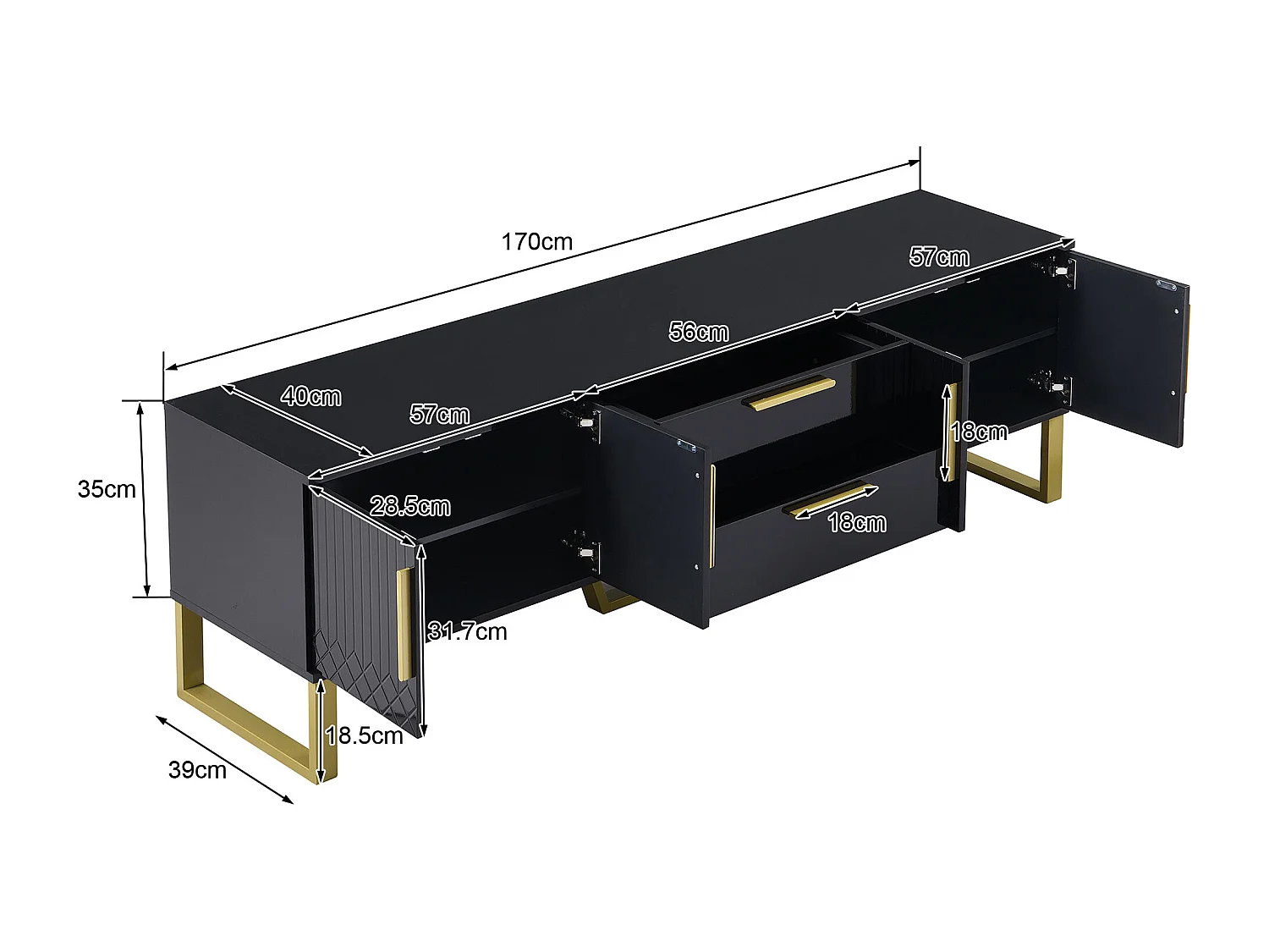 Mueble TV lacado negro alto brillo, 170x40x535,5cm - 4 puertas y 2 cajones - patas doradas