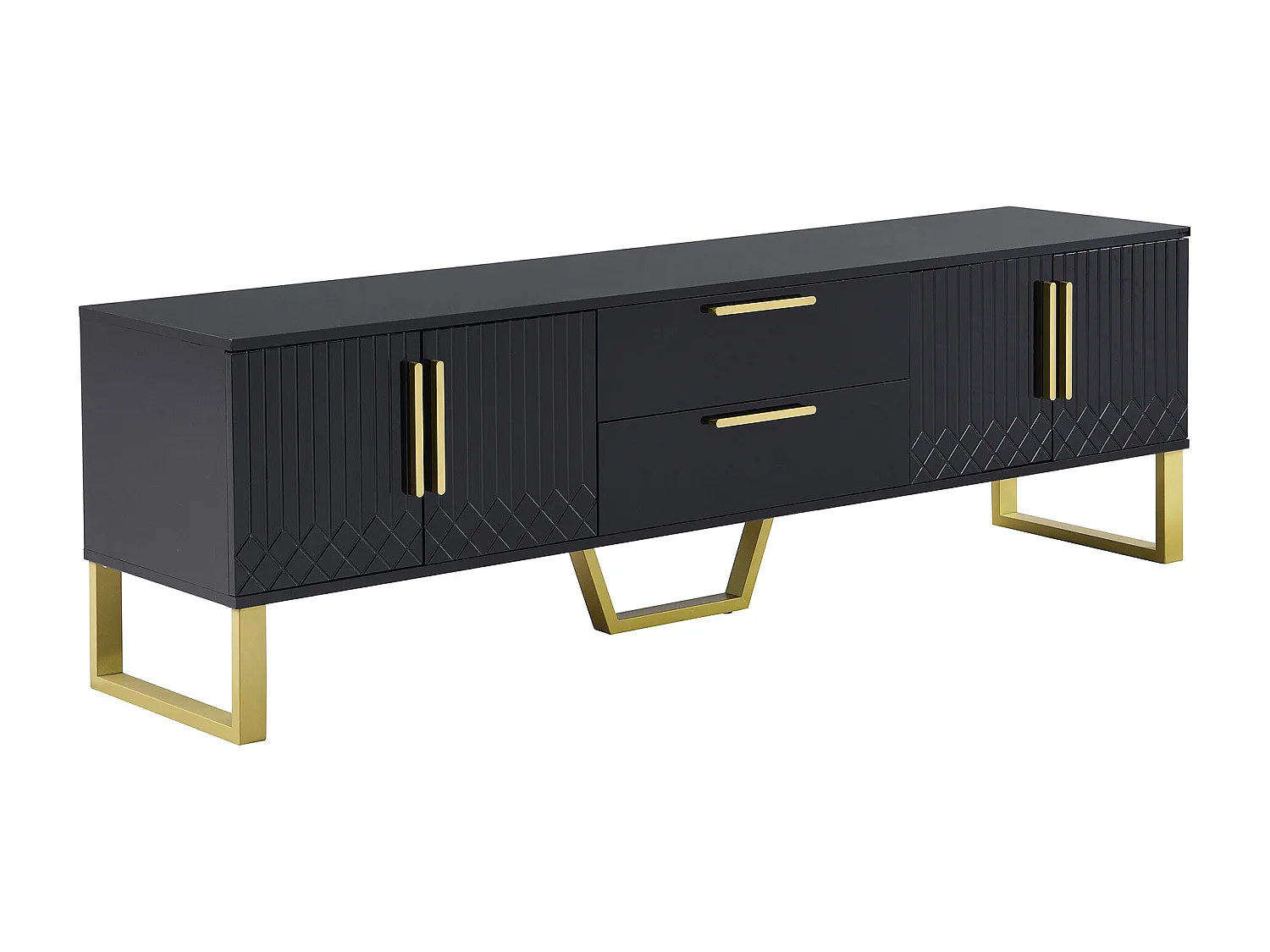 Mueble TV lacado negro alto brillo, 170x40x535,5cm - 4 puertas y 2 cajones - patas doradas