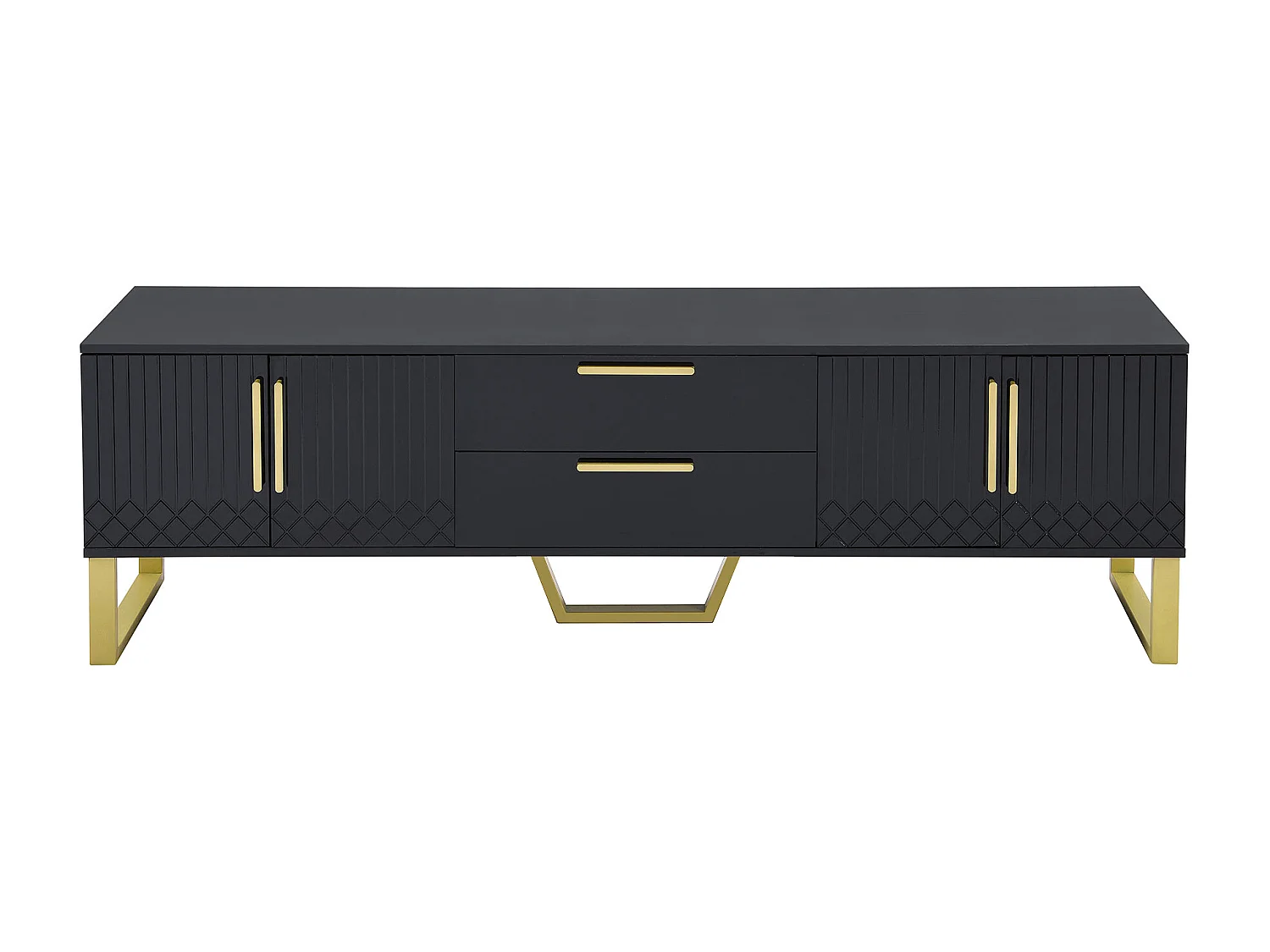 Mueble TV lacado negro alto brillo, 170x40x535,5cm - 4 puertas y 2 cajones - patas doradas