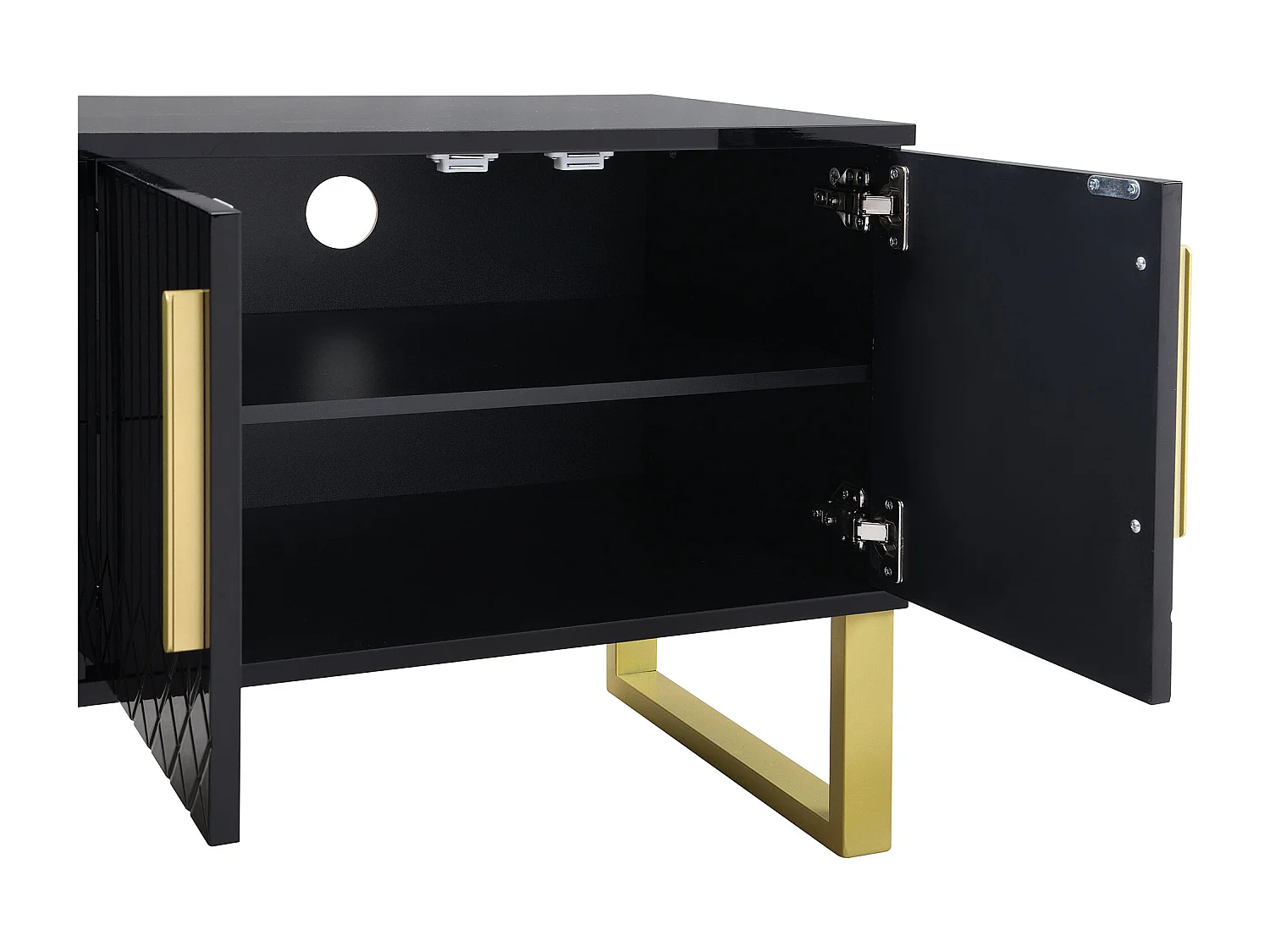 Mueble TV lacado negro alto brillo, 170x40x535,5cm - 4 puertas y 2 cajones - patas doradas