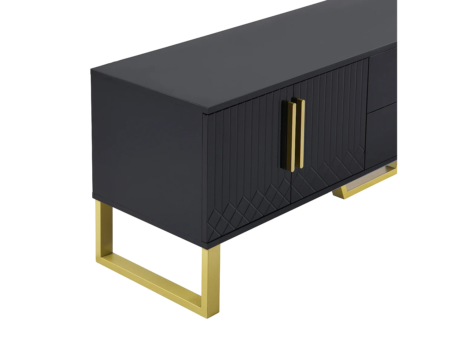 Mueble TV lacado negro alto brillo, 170x40x535,5cm - 4 puertas y 2 cajones - patas doradas