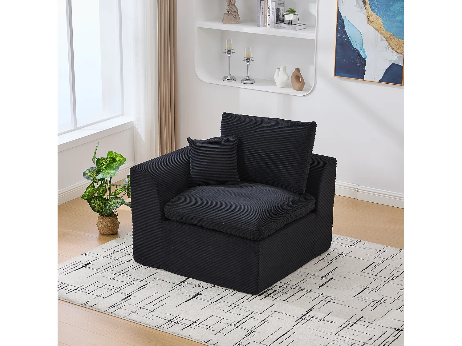 Poltrona semplice con cuscino in velluto a coste - Nero