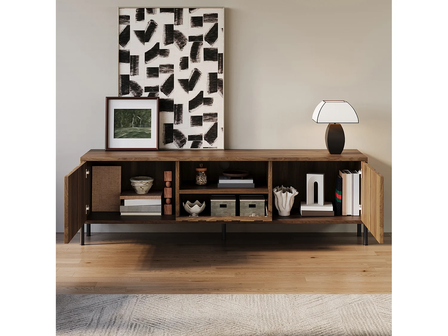 Meuble TV avec 3 portes - Gestion des câbles - Couleur bois foncé